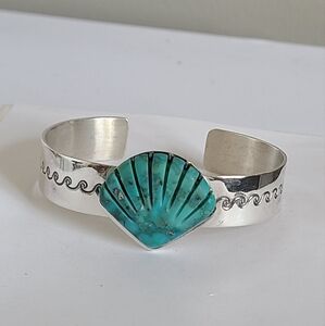 Vintage Boho Western Turquoise Shell Sterling Silver Open Cuff Bangle Bracelet